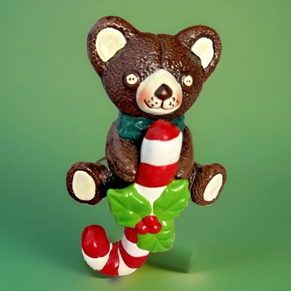 Vintage Hand Painted Ceramic Bear Christmas Stocking Holders Set 2 Mantle